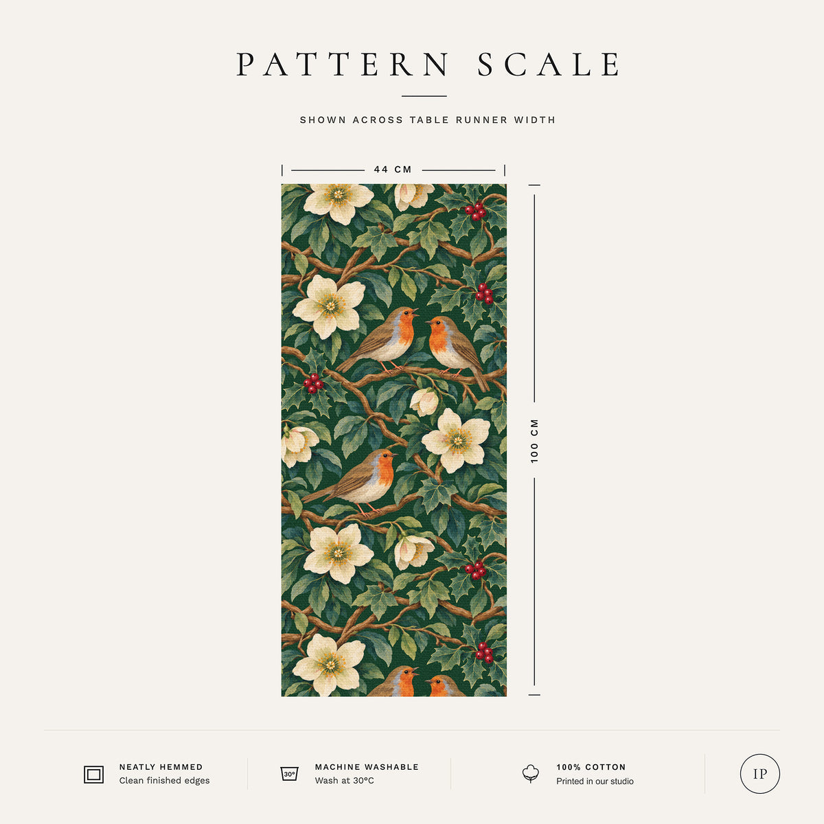Pattern scale of the Robins and Christmas Roses Christmas table runner in green across its 44 cm width, with care notes