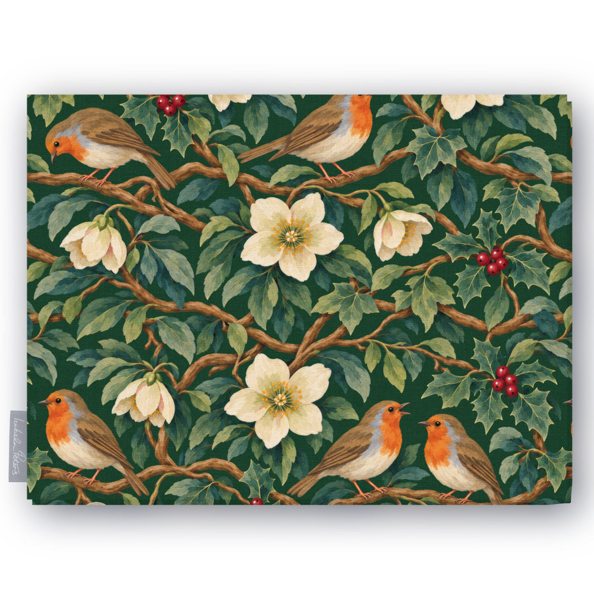 Green Robins and Christmas Roses Christmas tablecloth folded on white, showing robins, Christmas roses and holly