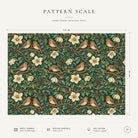 Pattern scale of the Robins and Christmas Roses Christmas tablecloth in green across its 144 cm width, with care notes