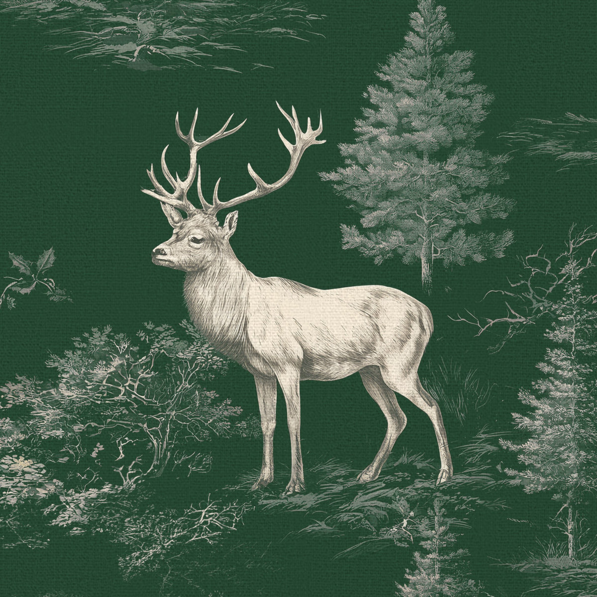 Close-up of the green Stag Woodland Christmas napkin print on cotton, showing stags among woodland trees