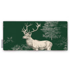 Green Stag Woodland Christmas table runner folded on white, with a left-facing stag and fir trees