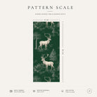Pattern scale of the green Stag Woodland Christmas table runner across its 44 cm width, with fabric and care notes