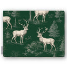 Green Stag Woodland Christmas tablecloth folded on white, showing two whole stags facing each other
