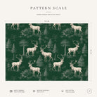 Pattern scale of the green Stag Woodland Christmas tablecloth across its 144 cm width, with fabric and care notes