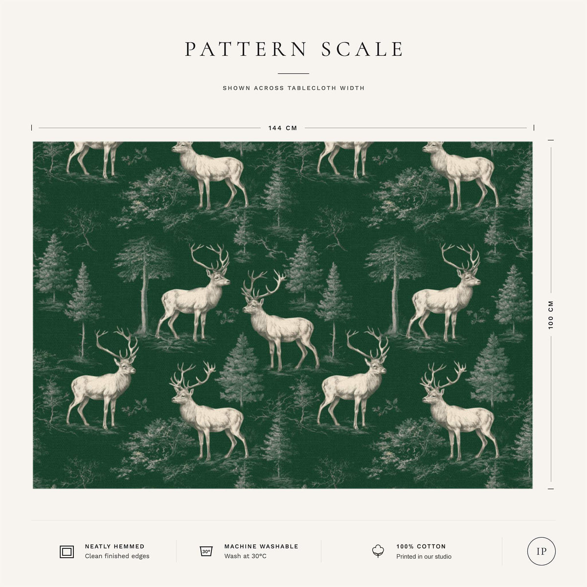Pattern scale of the green Stag Woodland Christmas tablecloth across its 144 cm width, with fabric and care notes