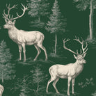 Close-up of the green Stag Woodland Christmas tablecloth print on cotton, showing stags among woodland trees