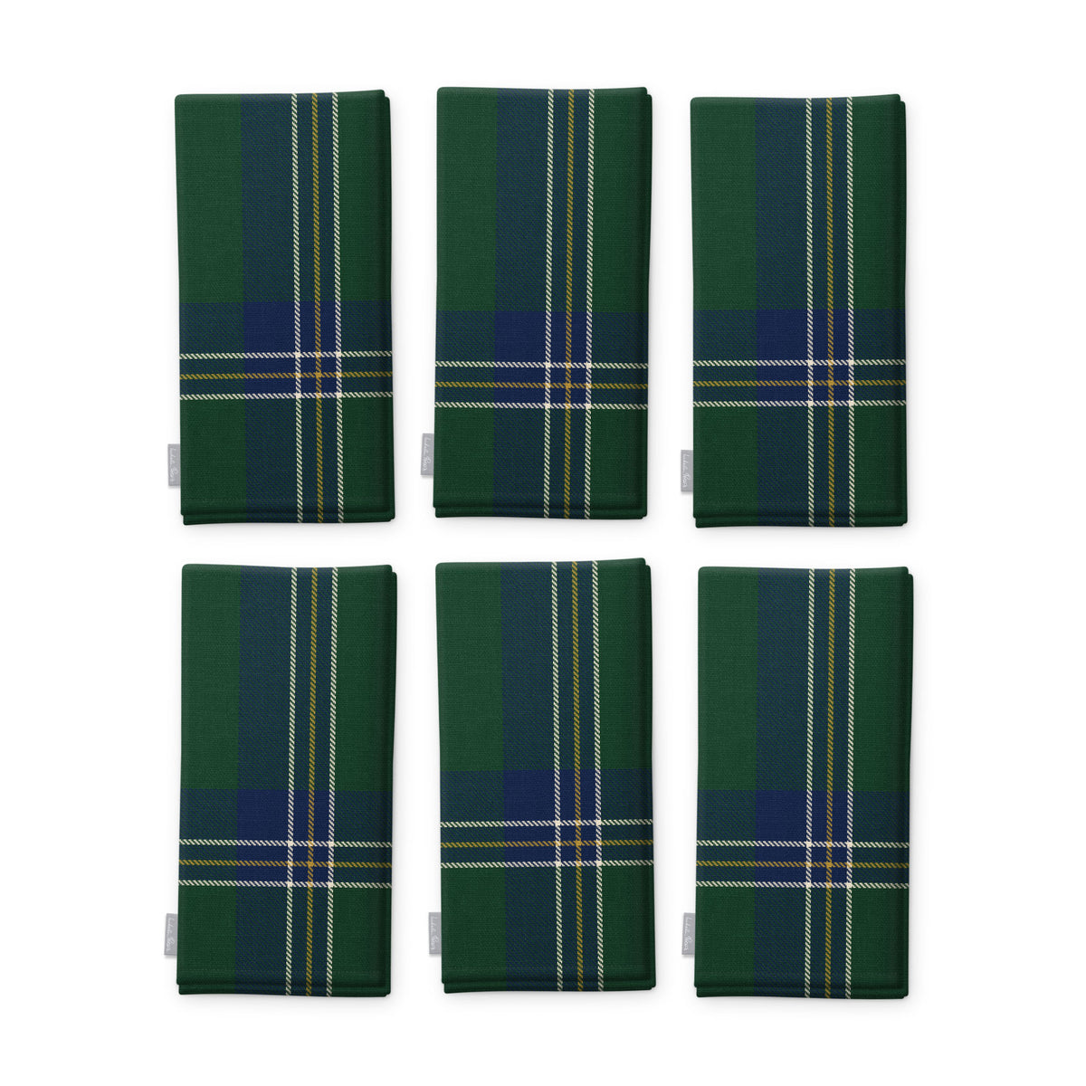 Green Tartan Christmas napkins, set of six, folded on white, showing the same tartan check