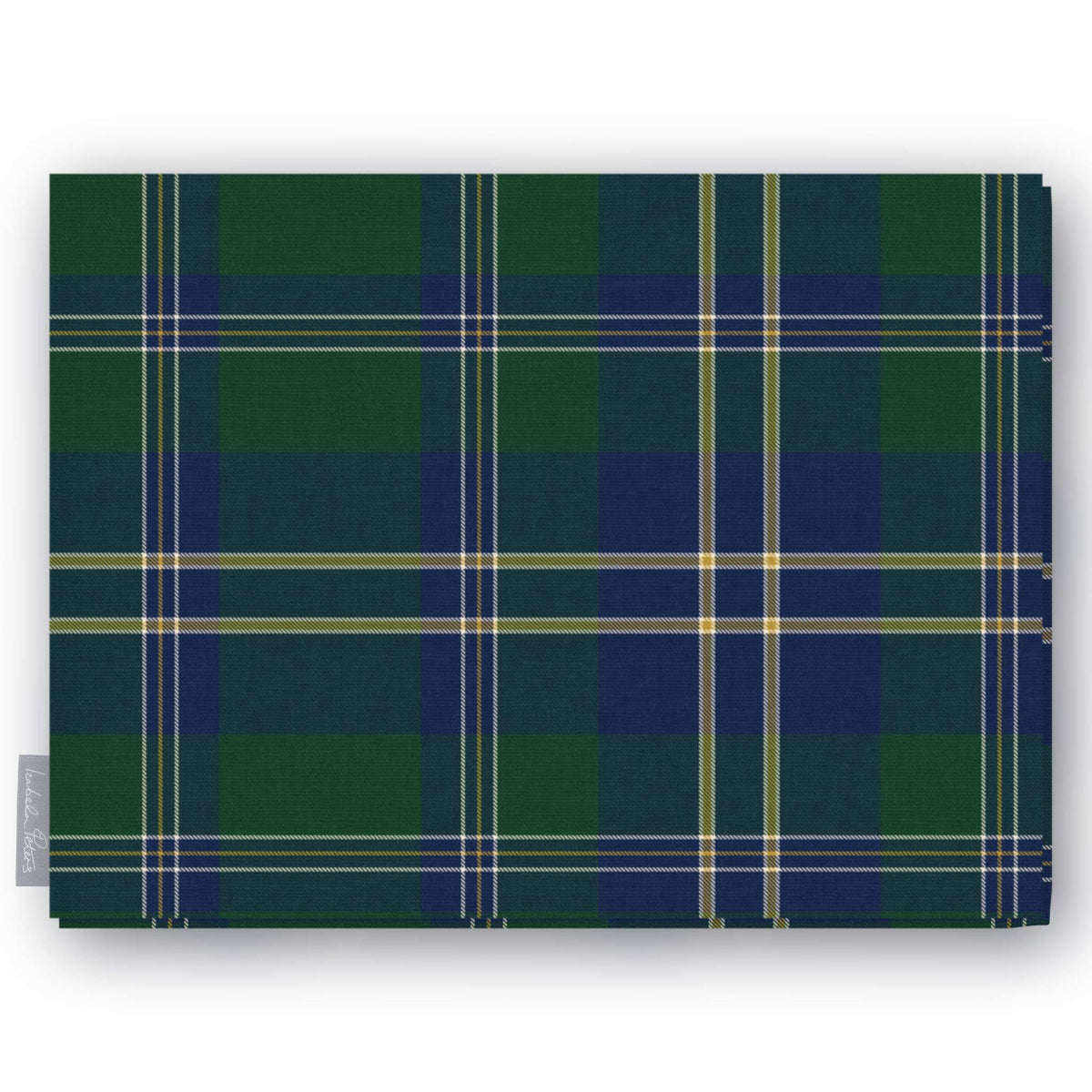 Green tartan Christmas tablecloth folded on a white background, green and navy with fine ivory and gold lines
