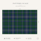 Green tartan Christmas tablecloth pattern-scale infographic showing the 144 cm width, check design, fabric, hemming and care details