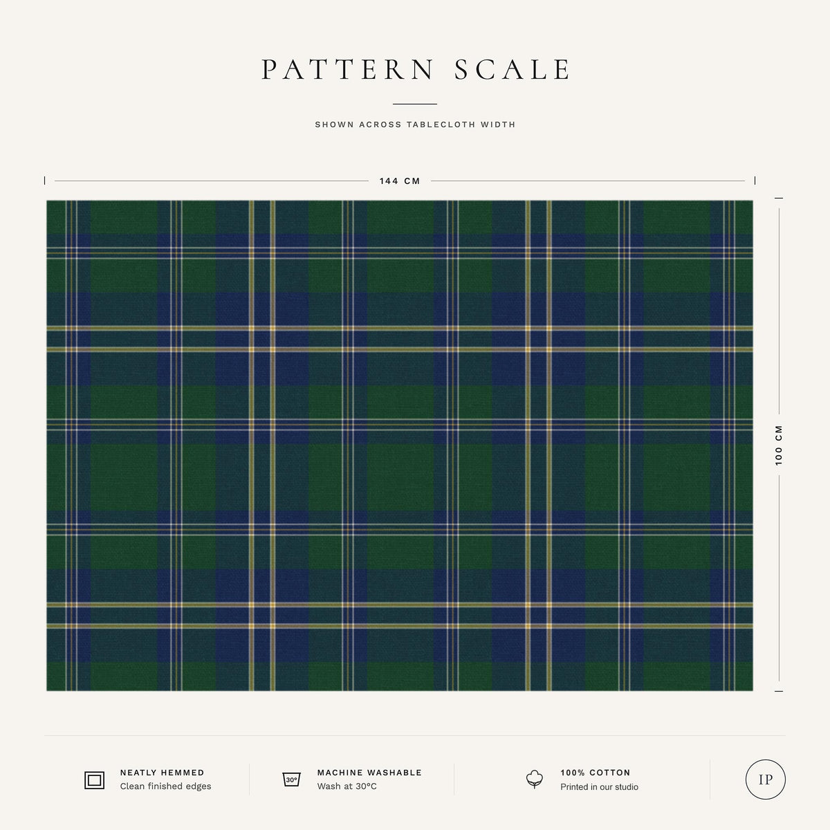 Green tartan Christmas tablecloth pattern-scale infographic showing the 144 cm width, check design, fabric, hemming and care details