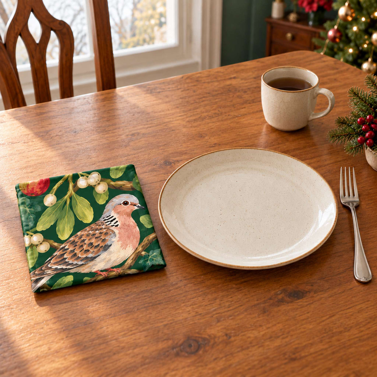 Green Turtle Doves and Mistletoe cotton napkin in a compact square fold beside a dinner plate and coffee cup on a wooden table in daylight.