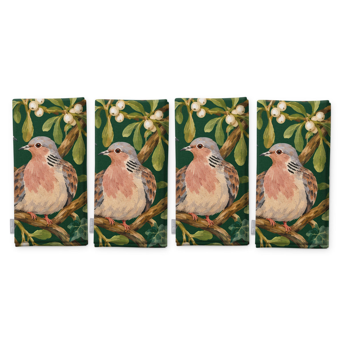 Green Turtle Doves and Mistletoe napkins, set of four, folded on white, showing the same turtle dove among mistletoe
