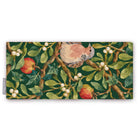 Green Turtle Doves and Mistletoe Christmas table runner folded on white, showing a turtle dove among mistletoe and red apples