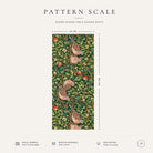 Pattern scale of the Turtle Doves and Mistletoe Christmas table runner in green across its 44 cm width, with care notes