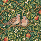 Close-up of the green Turtle Doves and Mistletoe Christmas tablecloth print on cotton