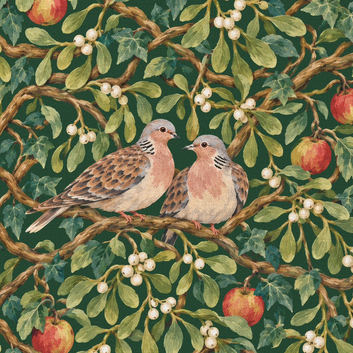 Close-up of the green Turtle Doves and Mistletoe Christmas tablecloth print on cotton