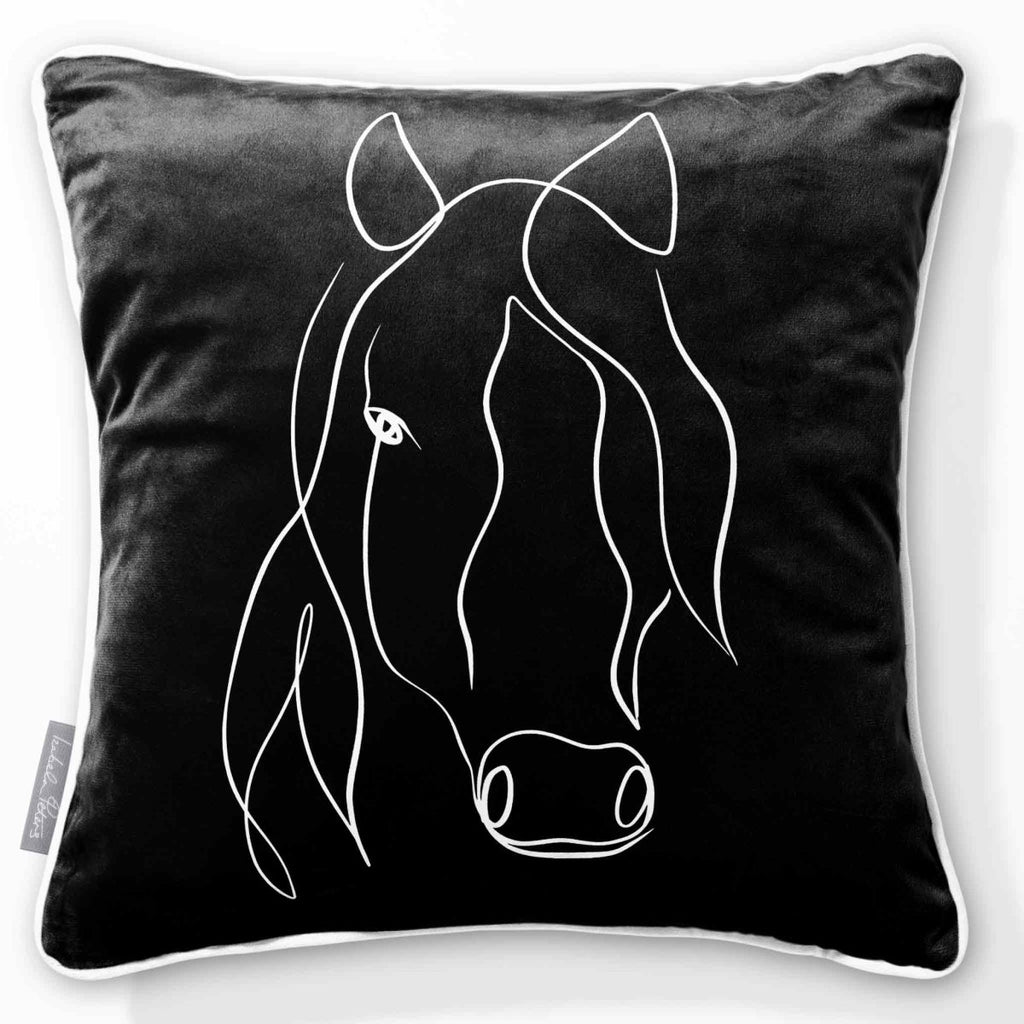 Horse | Sustainable Velvet Cushion - Black & White 40 x 40 cm Piped by Izabela Peters
