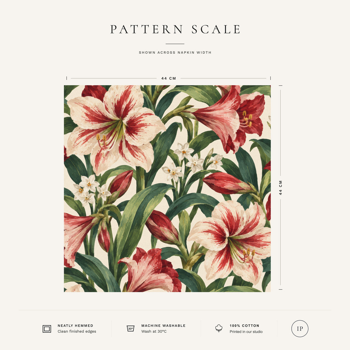 Ivory Amaryllis Christmas napkin pattern scale, showing the full 44 cm by 44 cm design.