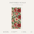 Pattern scale of the Amaryllis Christmas table runner in ivory across its 44 cm width, with care notes