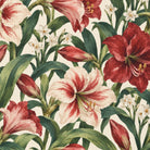 Close-up of the ivory Amaryllis Christmas table runner print on cotton, showing amaryllis flowers among long leaves