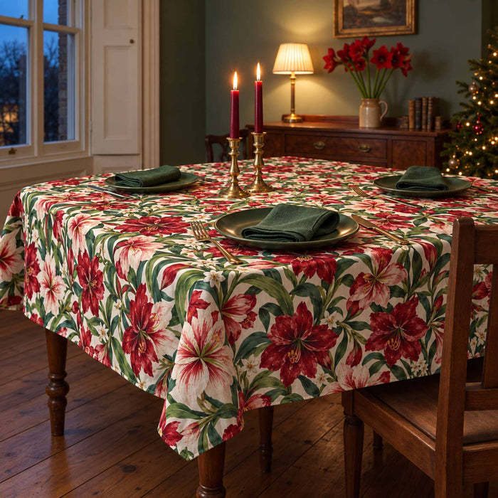 Ivory Amaryllis Christmas tablecloth draped over a dining table with green place settings and red candles in a green Victorian dining room.