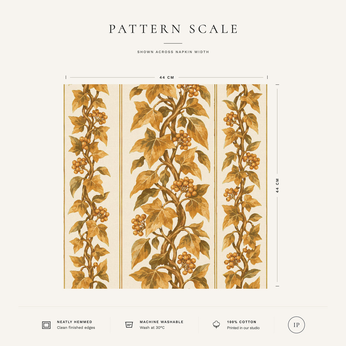 Ivory and gold Gilded Ivy Christmas napkin pattern scale, showing the full 44 cm by 44 cm design.