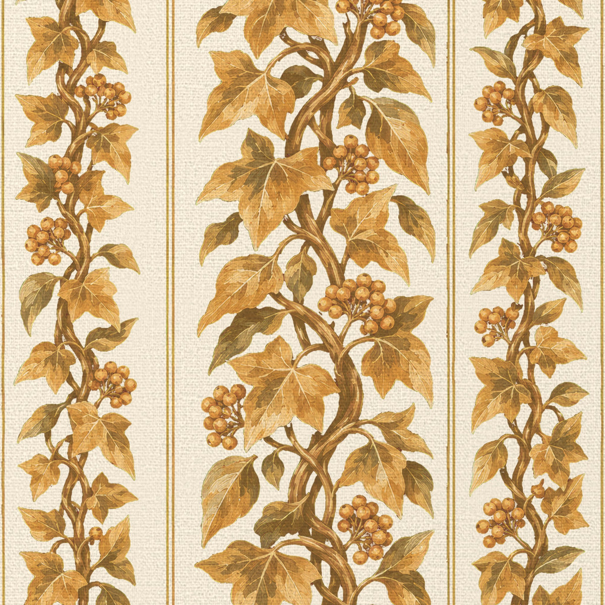 Close-up of the Gilded Ivy Christmas napkin print in ivory and gold on cotton, showing trails of gold ivy and berries