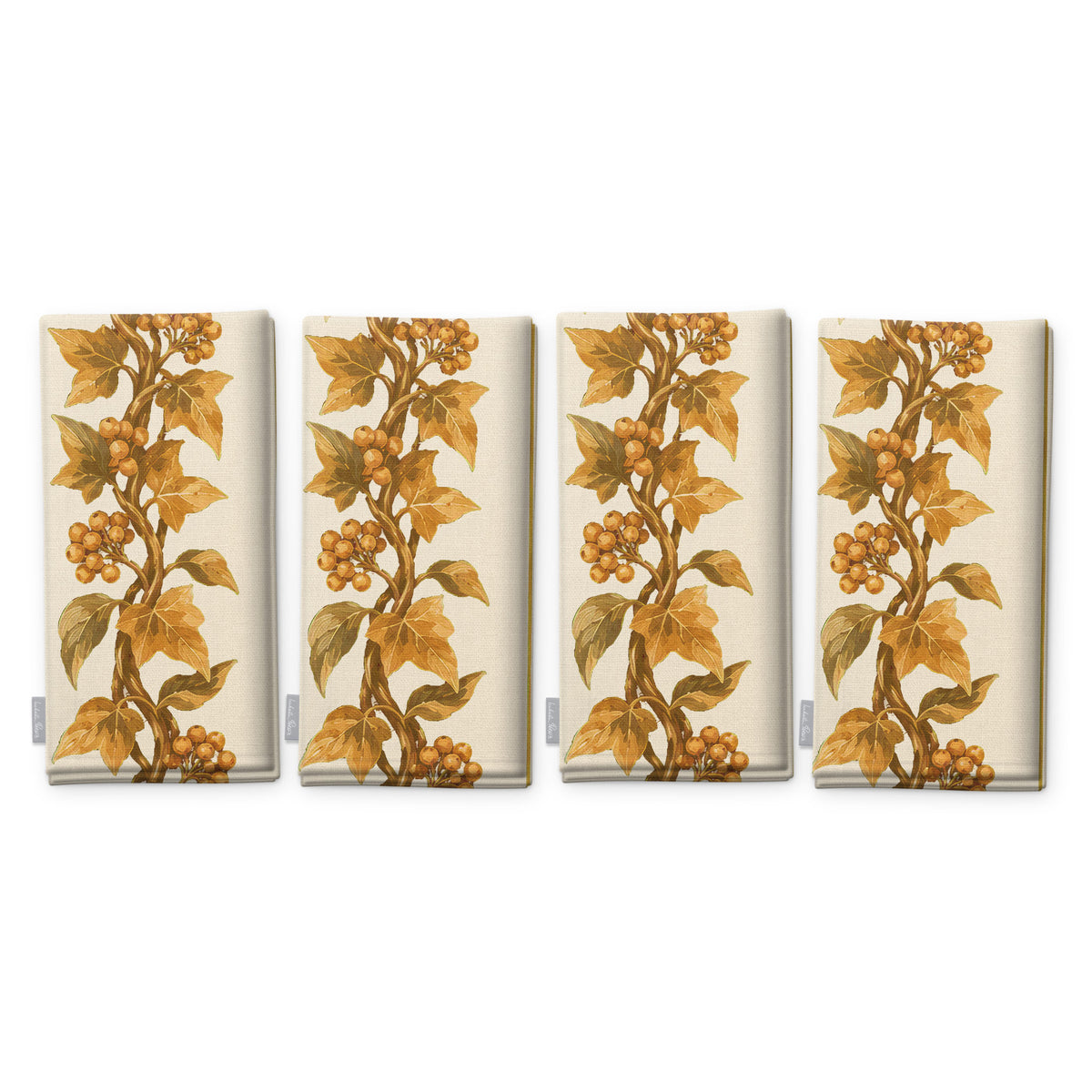 Gilded Ivy Christmas napkins in ivory and gold, set of four folded napkins showing the same trail of gold ivy and berries