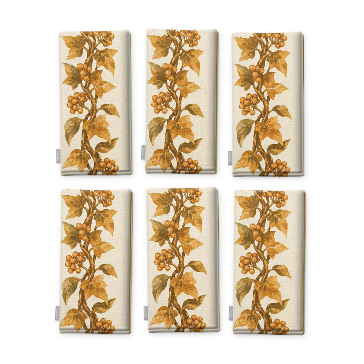 Gilded Ivy Christmas napkins in ivory and gold, set of six folded napkins showing the same trail of gold ivy and berries