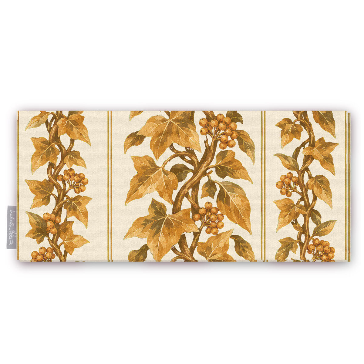 Gilded Ivy Christmas table runner in ivory and gold, folded on white, showing trails of gold ivy and berries