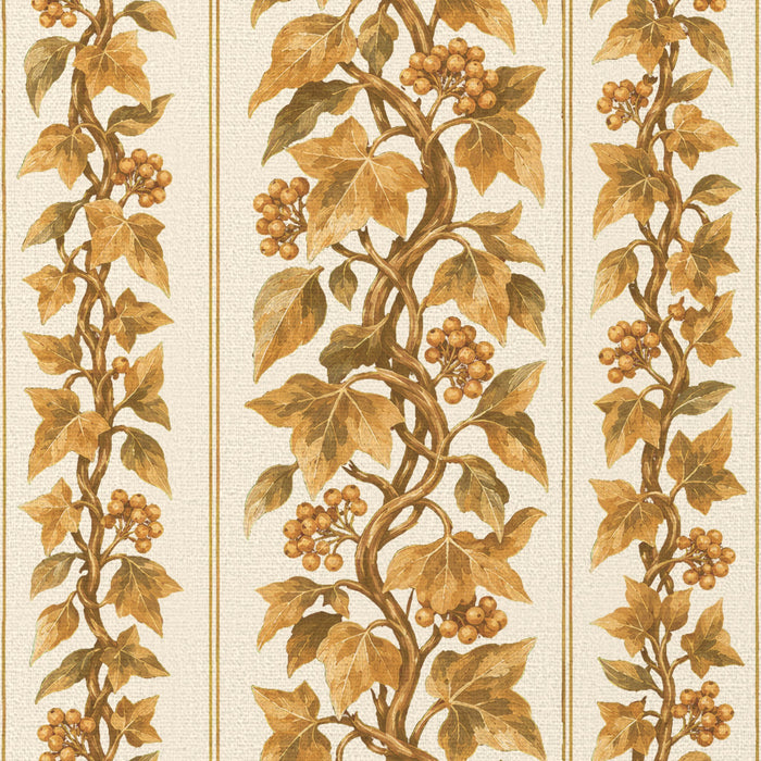 Close-up of the Gilded Ivy Christmas table runner print in ivory and gold on cotton, showing trails of gold ivy and berries