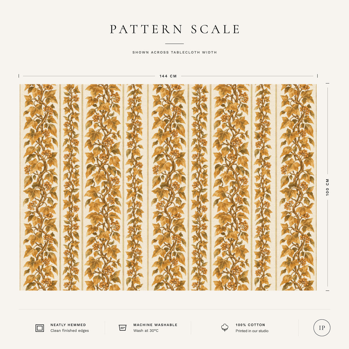 Pattern scale of the Gilded Ivy Christmas tablecloth in ivory and gold across its 144 cm width, with care notes