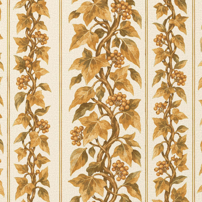 Close-up of the Gilded Ivy Christmas tablecloth print in ivory and gold on cotton, showing trails of gold ivy and berries