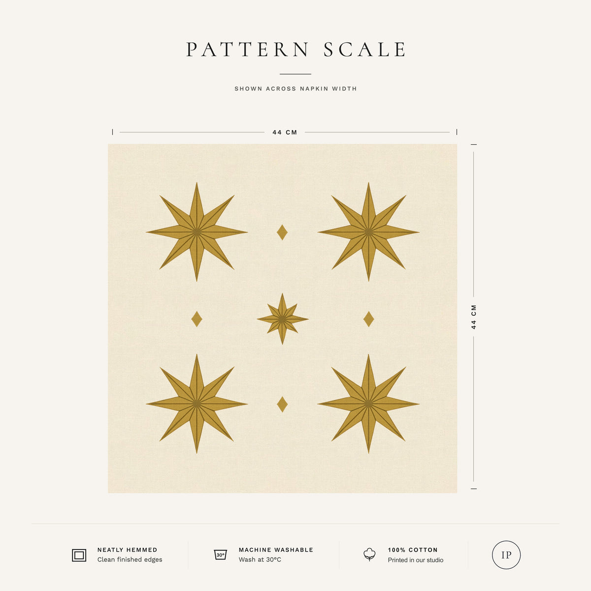 Ivory and gold Stars Christmas napkin pattern scale, showing the full 44 cm by 44 cm design.