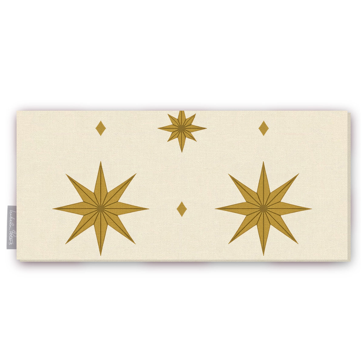 Stars Christmas table runner in ivory and gold, folded on white, showing large gold eight-pointed stars