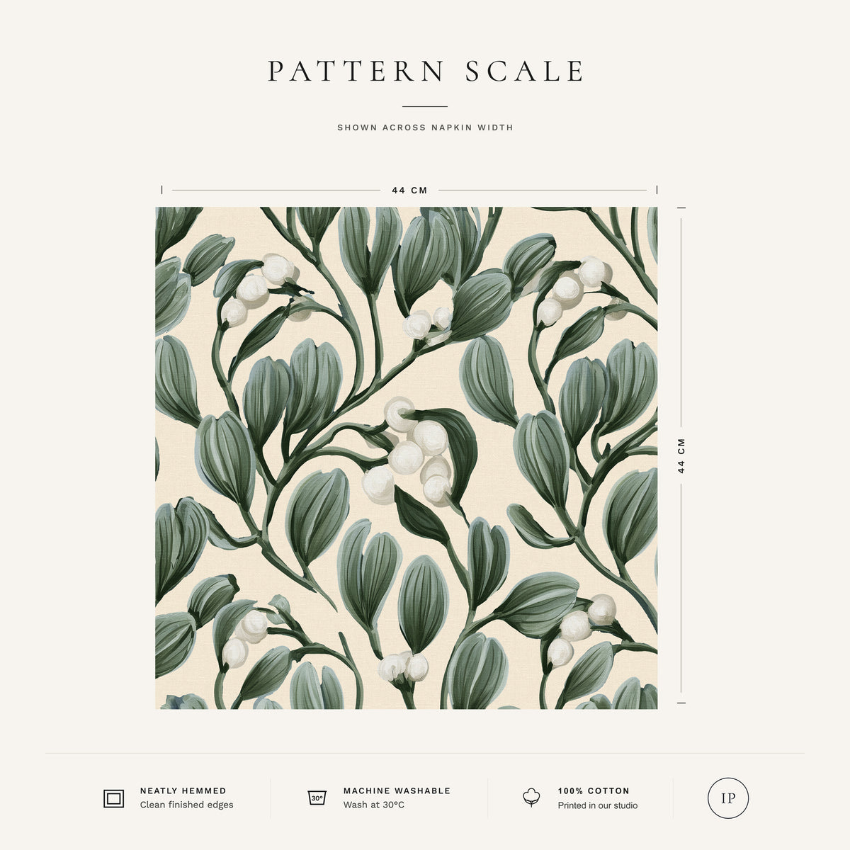 Ivory Mistletoe Christmas napkin pattern scale, showing the full 44 cm by 44 cm design.