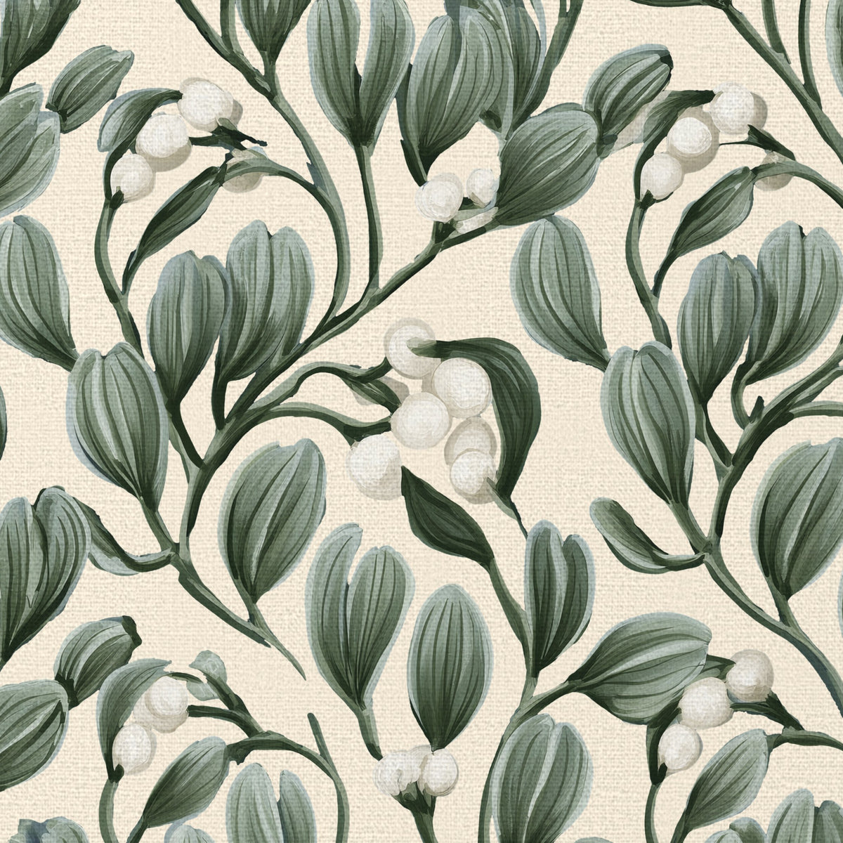 Close-up of the ivory Mistletoe Christmas napkin print on cotton, showing sprigs of mistletoe with white berries