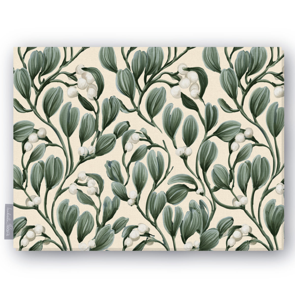 Ivory Mistletoe Christmas tablecloth folded on white, showing sprigs of mistletoe with white berries