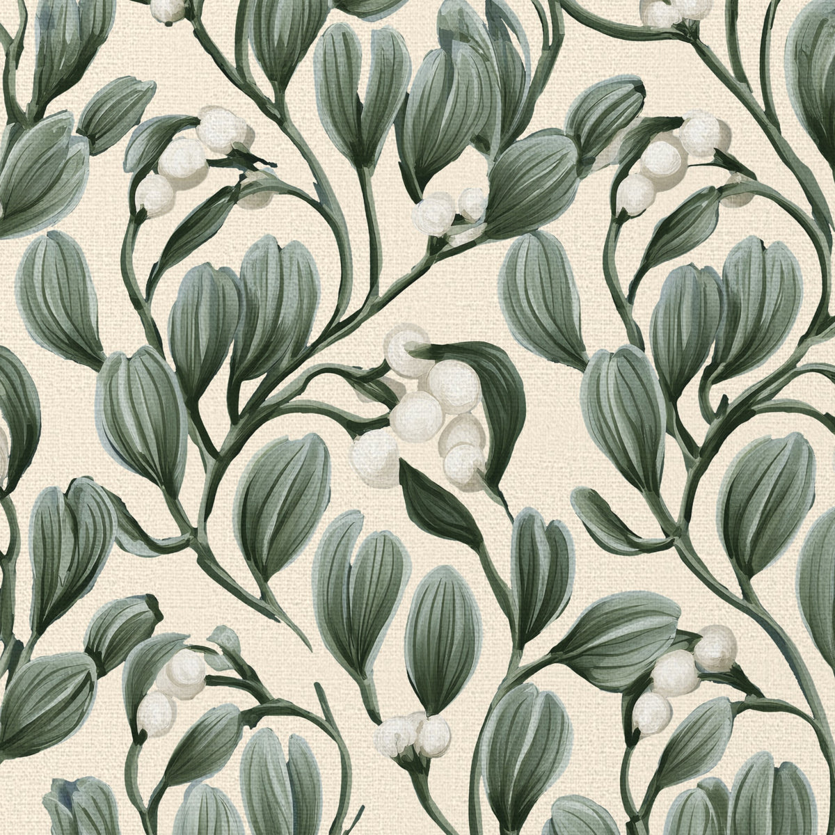 Close-up of the ivory Mistletoe Christmas tablecloth print on cotton, showing sprigs of mistletoe with white berries