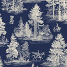 Close-up of the Fir Forest Toile Christmas napkin print in ivory on navy cotton, showing fir trees and a rider