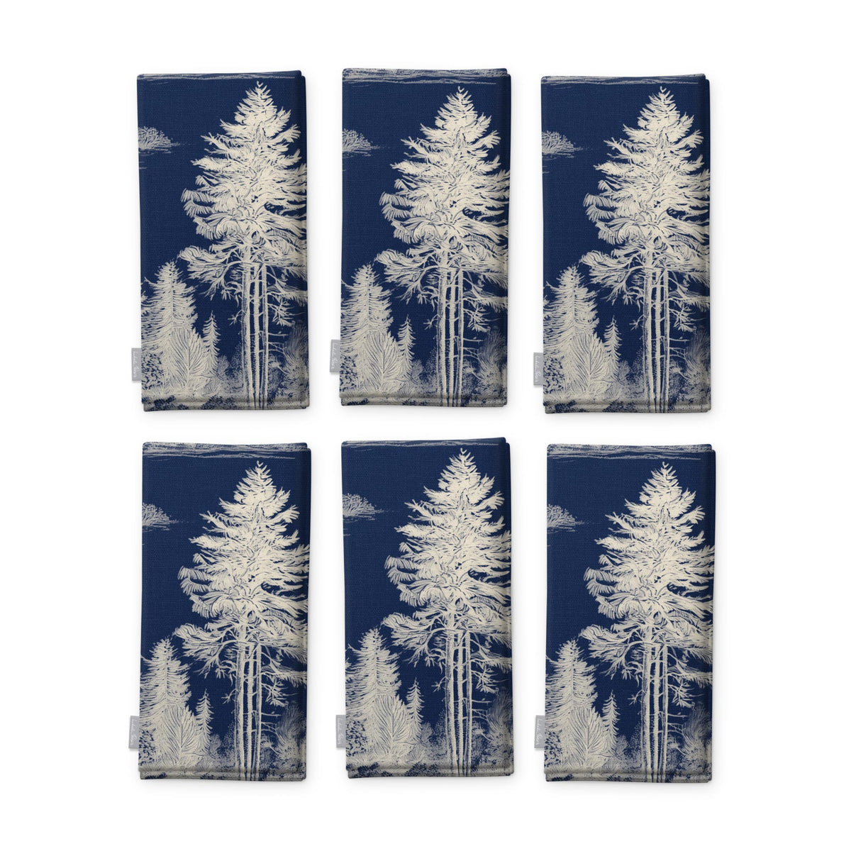 Fir Forest Toile Christmas napkins in ivory on navy, set of six folded napkins showing the same tall fir tree