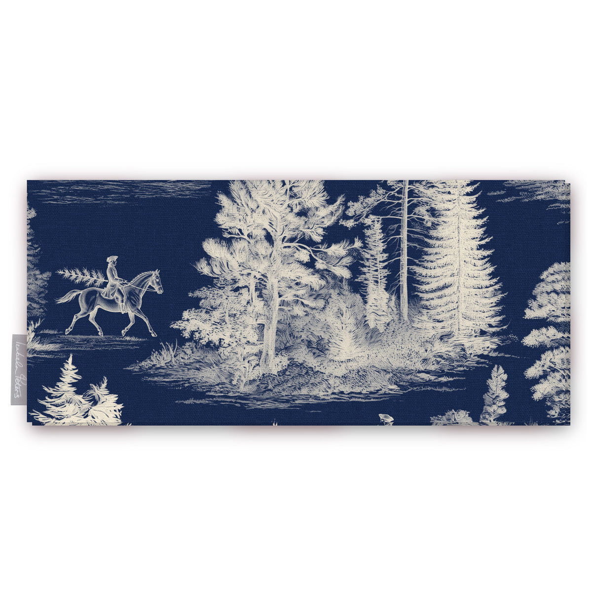 Fir Forest Toile Christmas table runner in ivory on navy, folded on white, showing a rider on horseback among fir trees