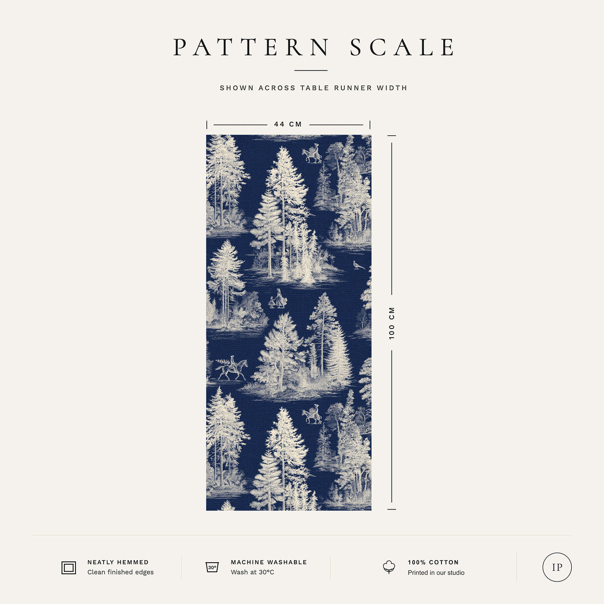 Pattern scale of the Fir Forest Toile Christmas table runner in ivory on navy across its 44 cm width, with care notes