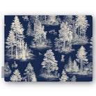 Fir Forest Toile Christmas tablecloth in ivory on navy, folded on white, showing fir trees, a rider and figures in the forest