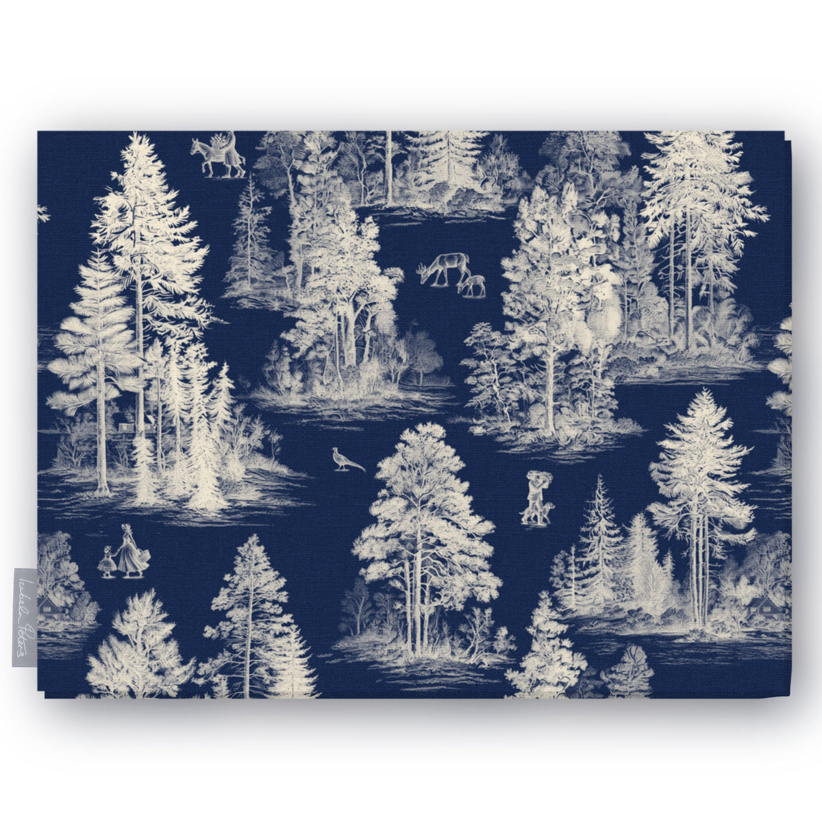 Fir Forest Toile Christmas tablecloth in ivory on navy, folded on white, showing fir trees, a rider and figures in the forest