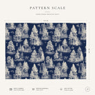 Pattern scale of the Fir Forest Toile Christmas tablecloth in ivory on navy across its 144 cm width, with care notes
