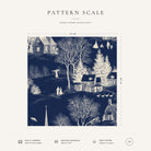 Ivory on navy Village Toile Christmas napkin pattern scale, showing the full 44 cm by 44 cm design.