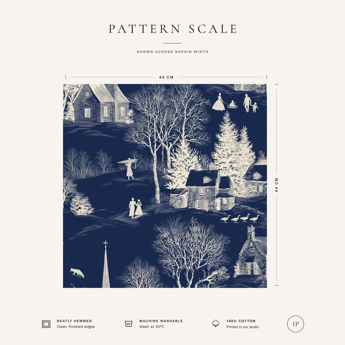 Ivory on navy Village Toile Christmas napkin pattern scale, showing the full 44 cm by 44 cm design.
