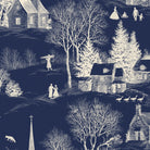 Close-up of the Village Toile Christmas napkin print in ivory on navy cotton, showing a snowy village