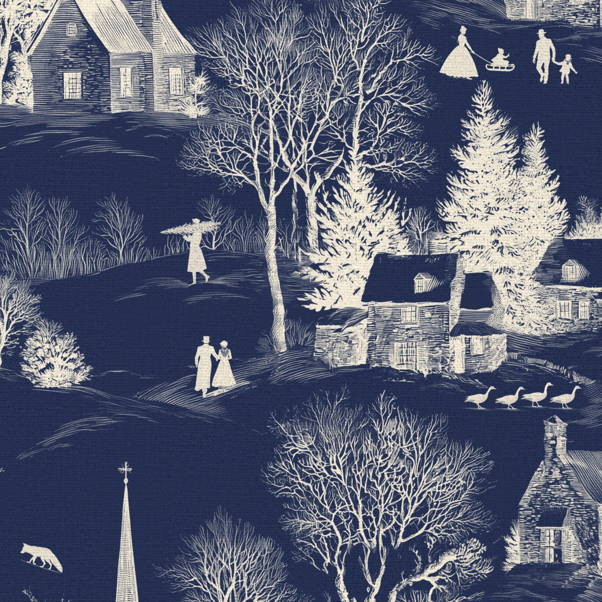 Close-up of the Village Toile Christmas napkin print in ivory on navy cotton, showing a snowy village